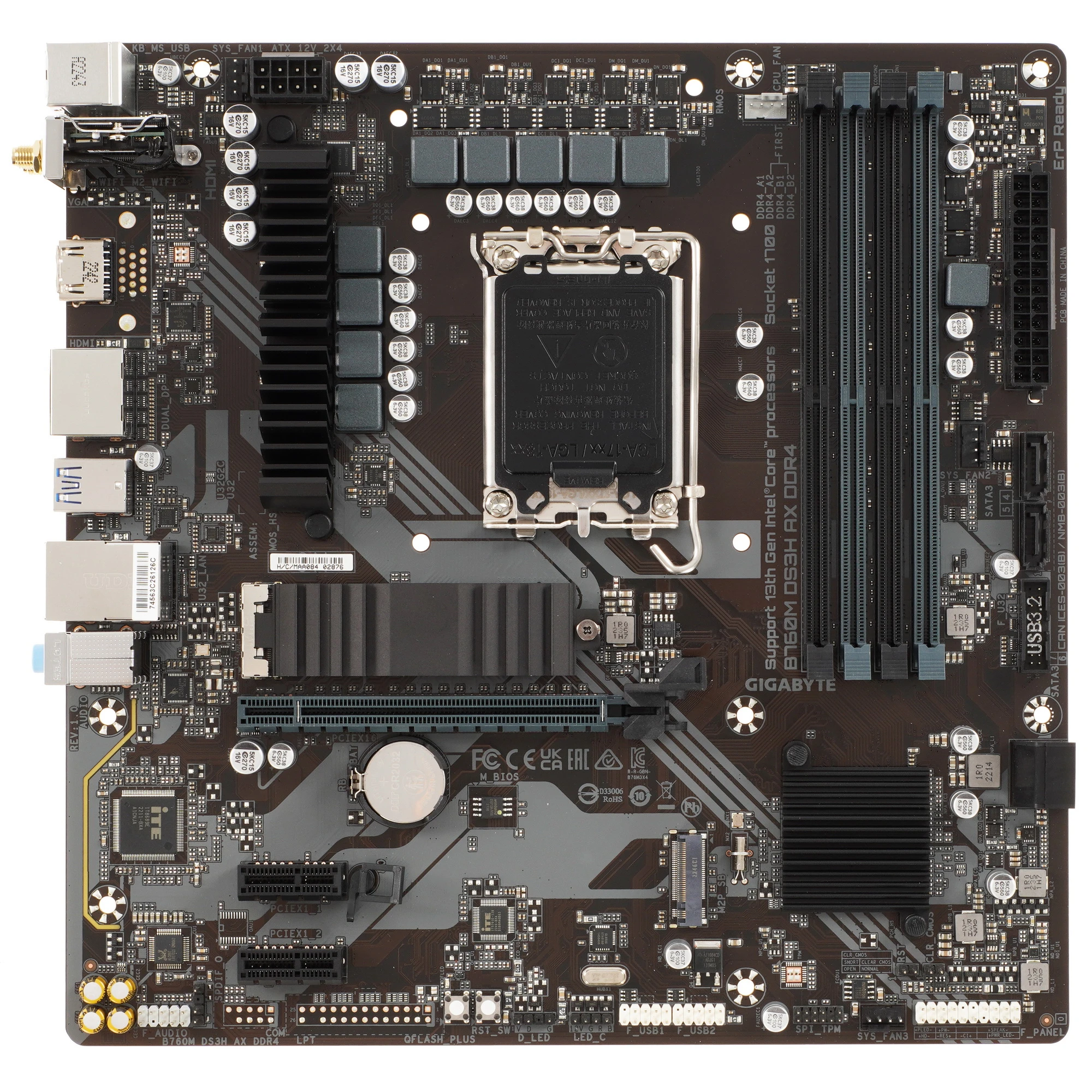 Материнская плата Gigabyte B760M DS3H AX; Socket 1700; mATX; Intel B760; 4хDDR5(7600); 1xPCI-E x16; 2 x PCI-E x1; HDMI; 2xDisplayPort; 4(SATA 6Gb/s);