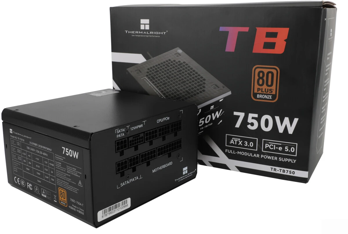 Блок питания 750 Вт Thermalright 12VHPWR (TR-TB750); 1x24 pin; 2x8(4+4) pin; 6xSata; 3xMolex; 3x6+2-pin PCI-E; 80+ Bronze; APFC; отстегивающиеся кабел
