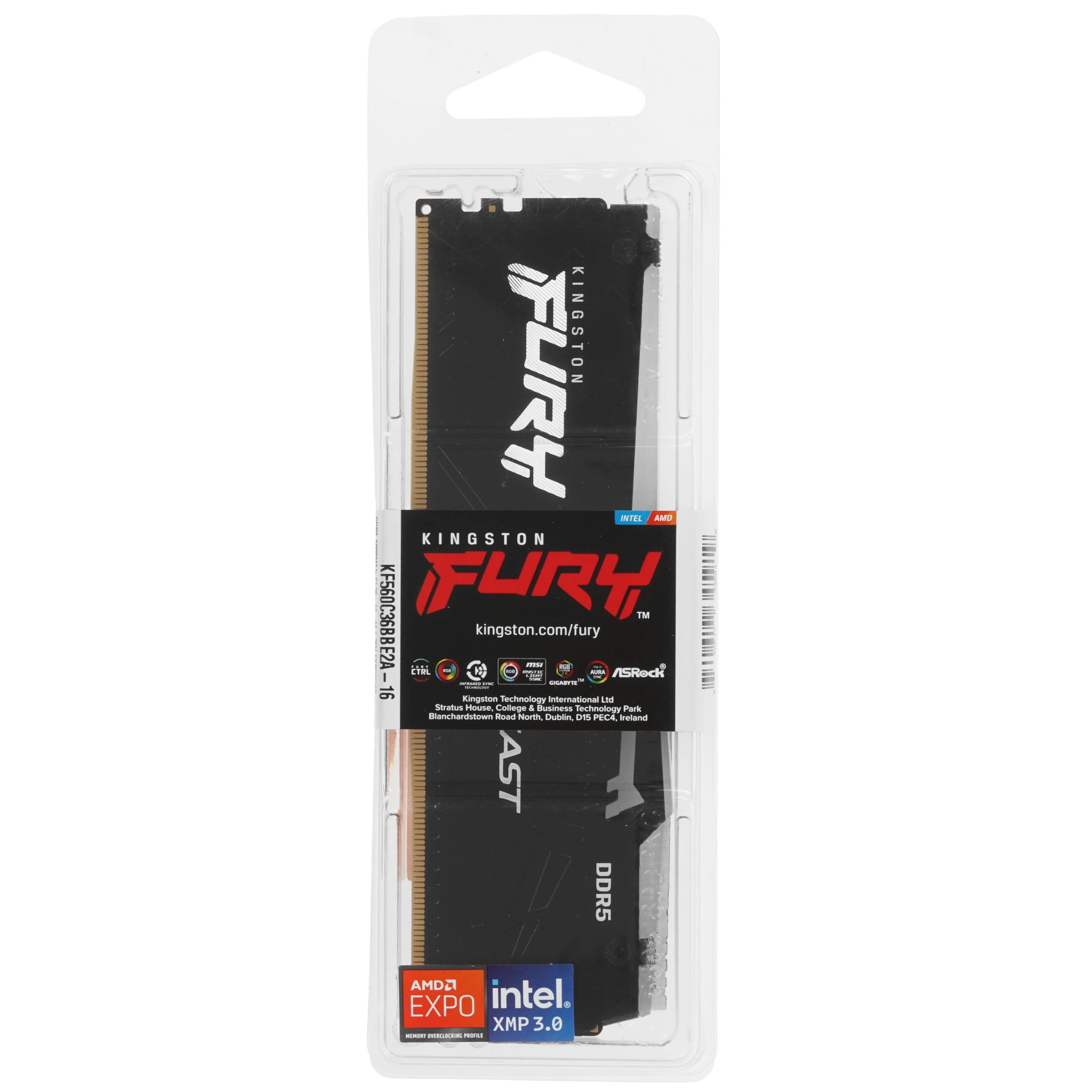 Модуль памяти DDR5 16 ГБ Kingston FURY Beast RGB Black (KF560C36BBE2A-16); 6000 МГц; CL36; 1,35В; радиаторы; RET