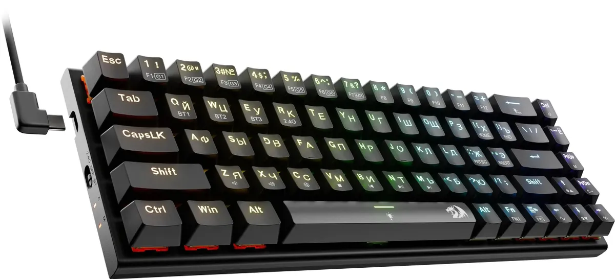 Клавиатура игровая Redragon Ryze Pro (71394); USB + (Bluetooth/2.4 Ггц); механическая; 68 клавиш; Hot Swap; подсветка RGB; отсоединяемый кабель; ENG\R