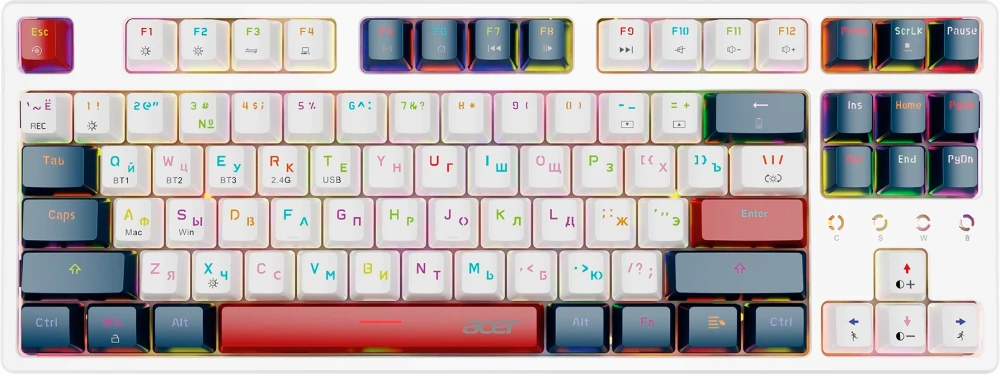 Клавиатура игровая Acer OKR302 (ZL.KBDEE.016); Bluetooth/2.4 Ггц; механическая; 87 клавишь; подсветка RGB; ENG\RUS; белый+синий+красный