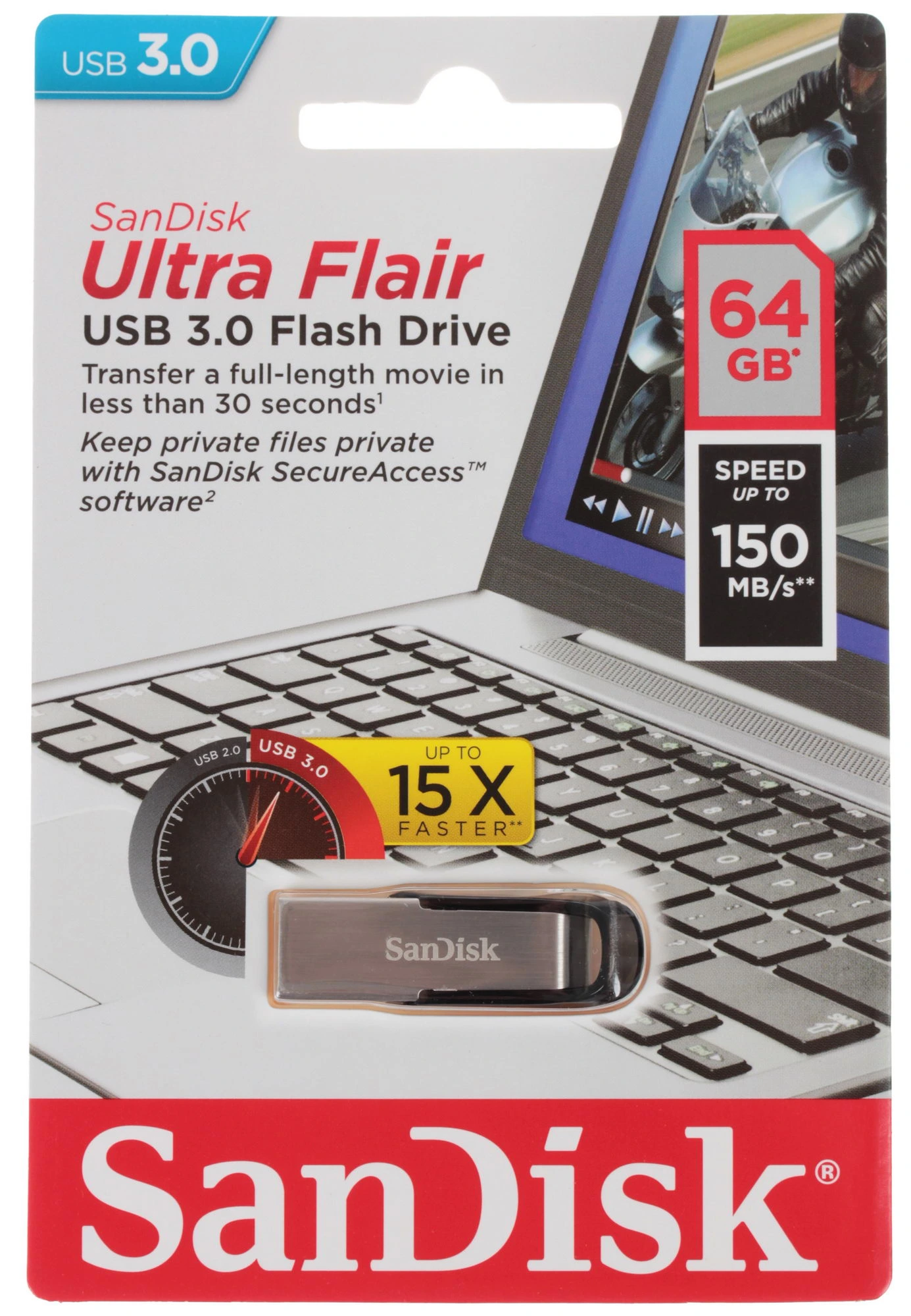Накопитель USB-флэш 64 ГБ Sandisk Ultra Flair Tropical Blue (SDCZ73-064G-G46B); USB 3.2 Gen 1; моноблок; серебристый+синий