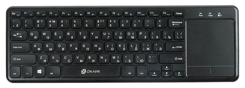 Клавиатура беспроводная Oklick 830ST (1011937***); радиоканал 2,4 Ггц; ножничная; 78 клавиши; 12 доп. клавиш (+FN); сенсорная панель; 2 x AAA; ENG\RUS