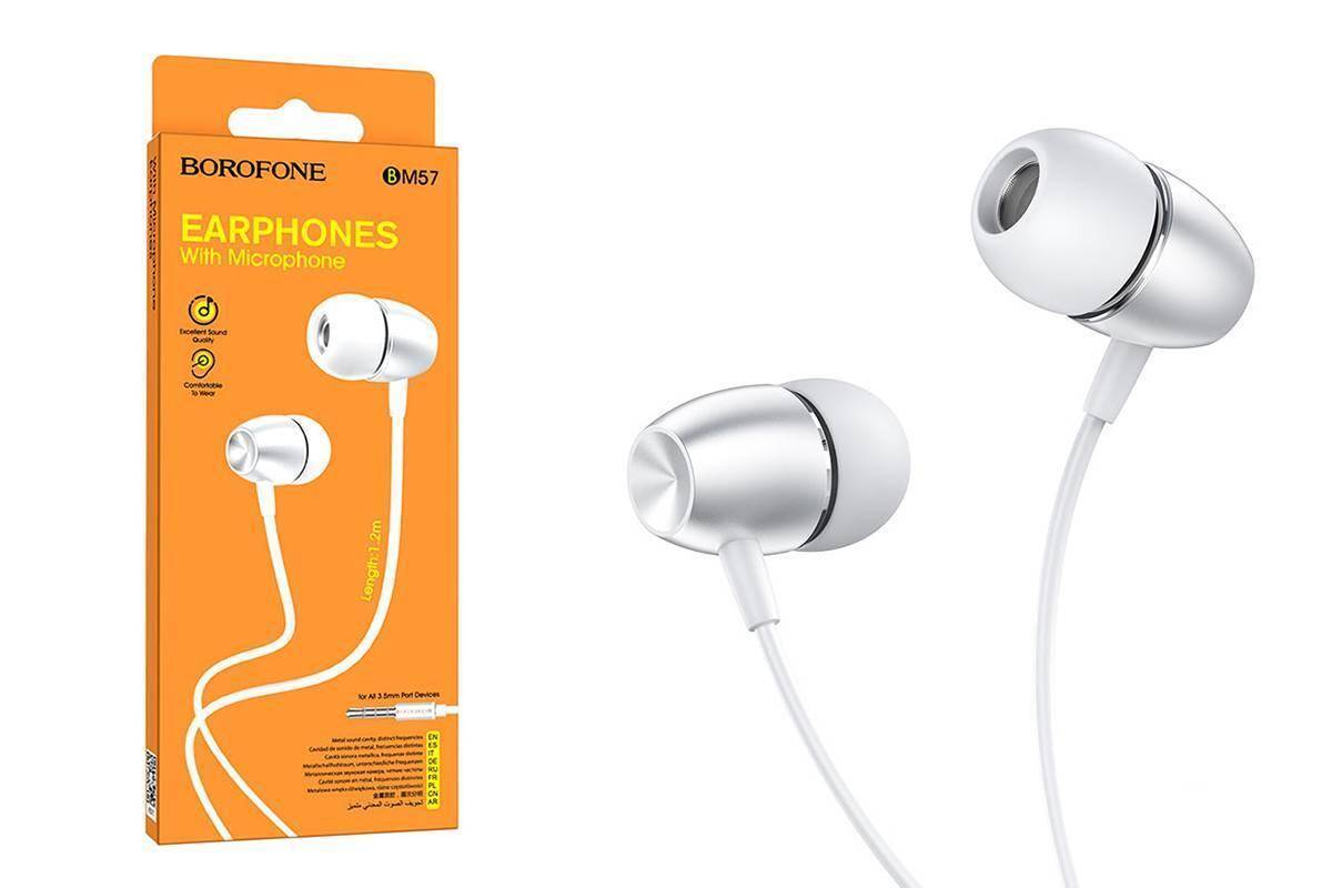 Гарнитура проводная Borofone BM57 Platinum Silver, внутриканальные, без крепления, 20 Гц - 20 кГц, 32 Ом,  3,5мм mini-jack, 1,2 м, 16 г, серебристый