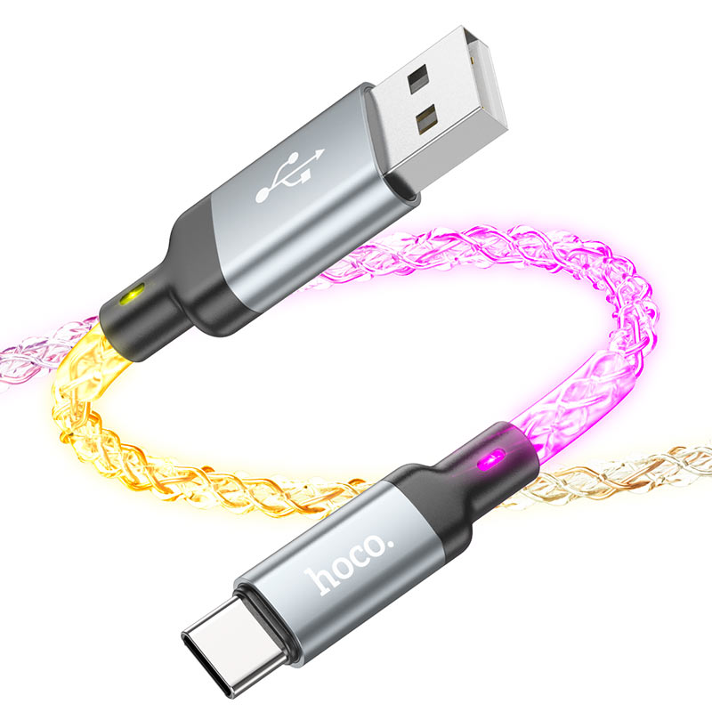 Кабель Type-C/Type-C Hoco U112 Shine; подсветка RGB; 60Вт; 3A; 1,0 м; разноцветный