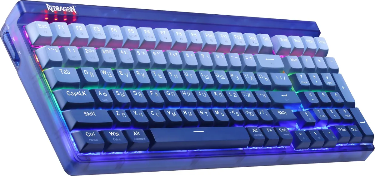 Клавиатура игровая Redragon Garen Pro (71745); USB + (BT/2.4 Ггц); механическая; 100 клавиш; 12 (+FN); RGB подсветка; встроенный аккумулятор; синий