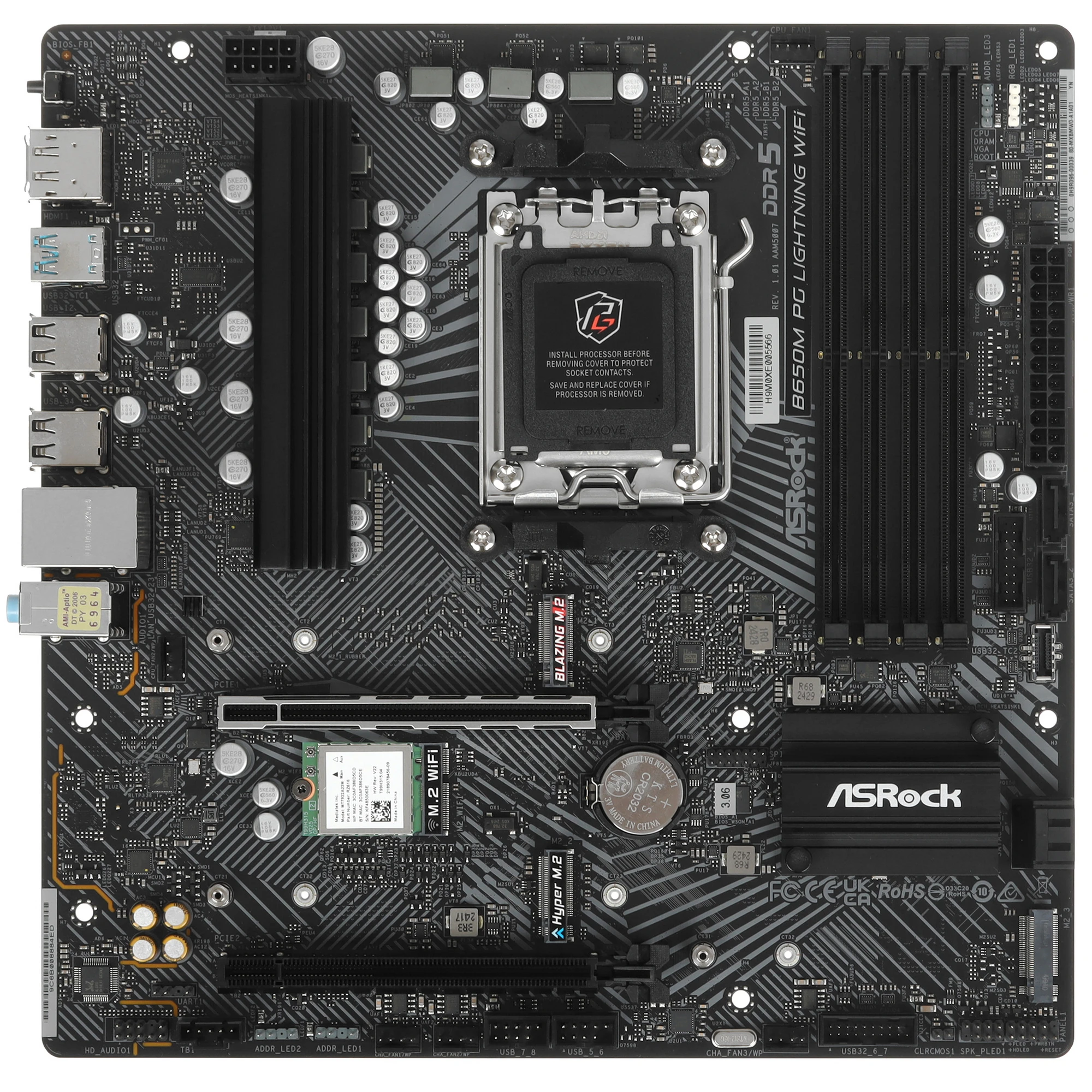 Материнская плата ASRock B650M PG Lightning WiFi; Socket AM5; mATX; AMD B650; 4хDDR5(7200); 2xPCI-E x16; HDMI; DisplayPort; 4(SATA6 Gb/s); Realtek 7.1