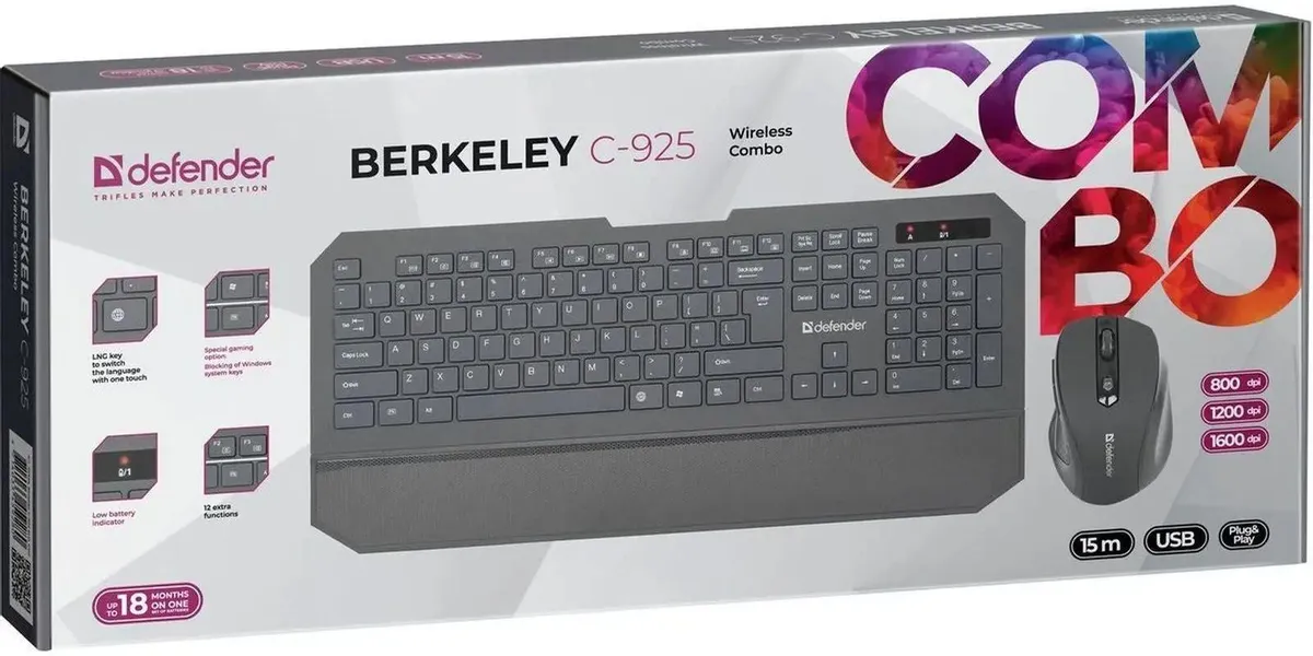 Комплект Defender Berkeley C-925 (45925***); беспроводной; USB; мембранная; IR-лазерная; 800/1200/1600 dpi; 2xAAA/1xAA; мультимедийный; чёрный