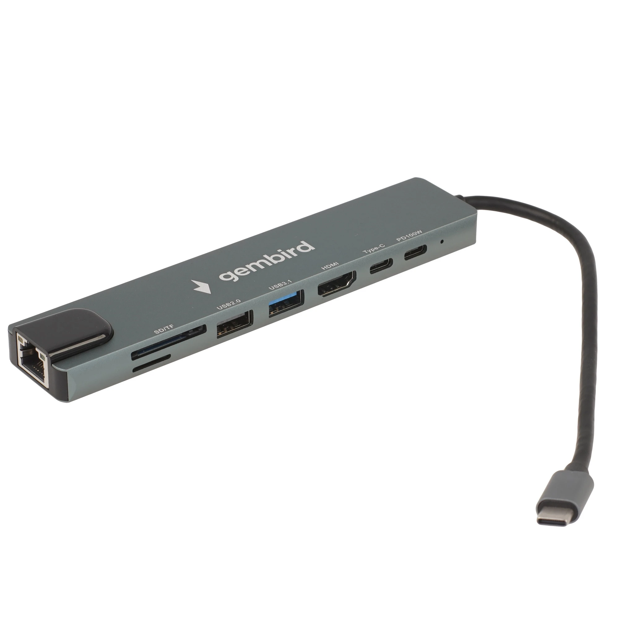 Концентратор USB внешний Док-станция Gembird UHB-D3 (22885); USB 3.1 Type C; 1xUSB 2.0; 1xUSB 3.1, 2xUSB Type-C, HDMI, RJ45, SD,MicroSD; металлический