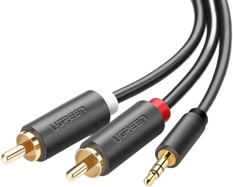 Кабель межблочный Ugreen AV102, (10512), Jack 3.5 - 2xRCA, ферритовый фильтр, 3,0 м, серый