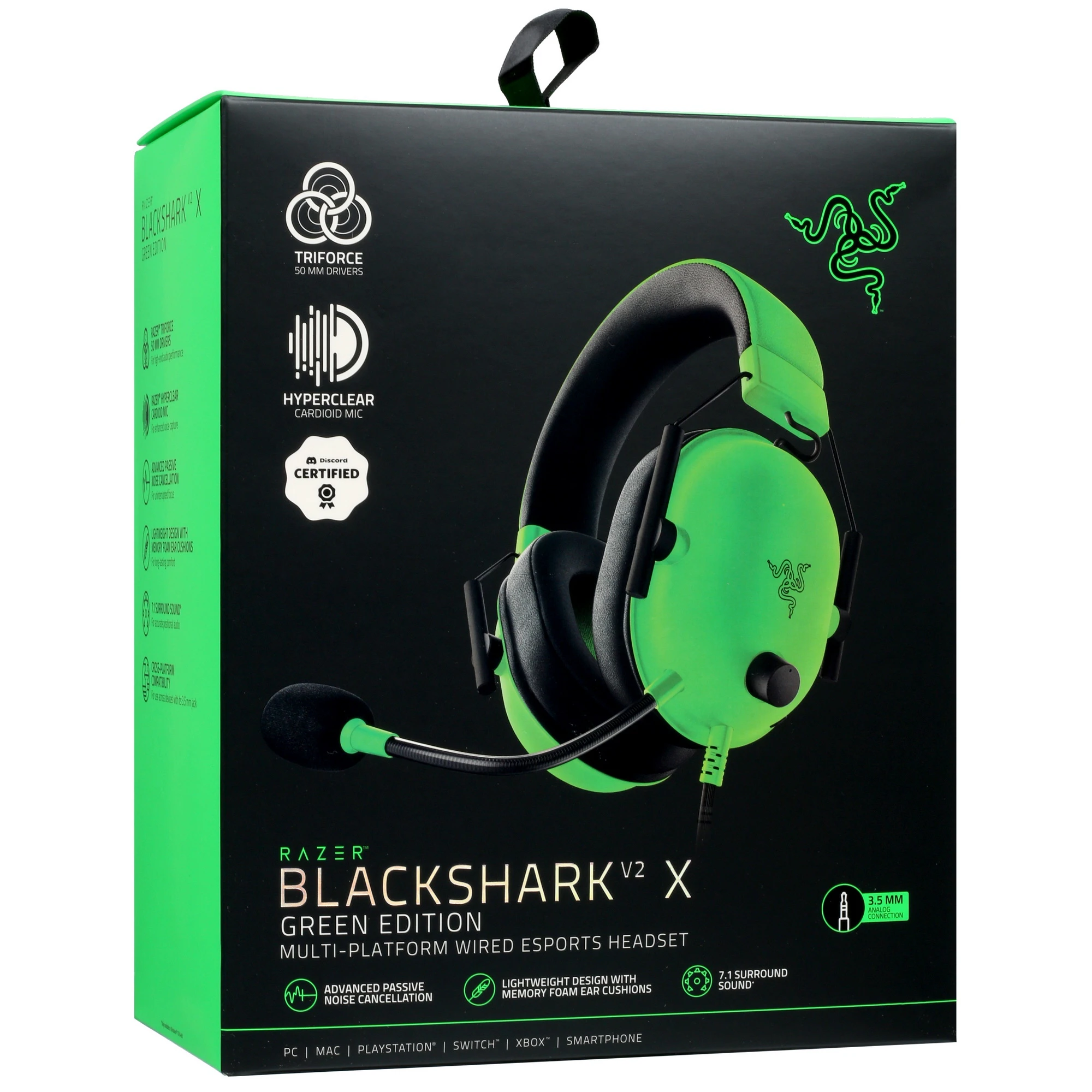 Гарнитура игровая Razer Blackshark V2 X - Green (RZ04-03240600-R3M1***); оголовье (headband); 12 - 28 000 Гц; 32 Ом; 1,3 м; микрофон; 3,5 мм (mini-jac