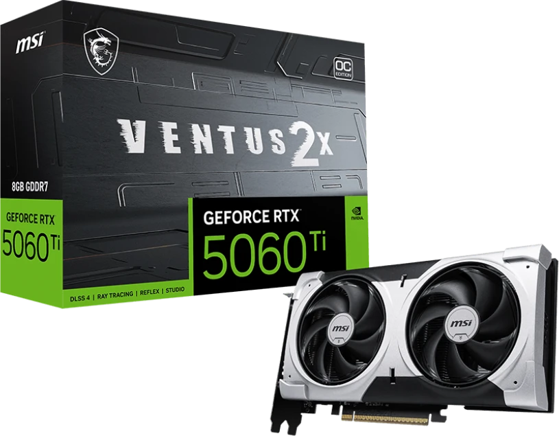 Видеокарта MSI GeForce RTX 5060 Ti 8G VENTUS 2X OC PLUS; 8 Гб GDDR7; 2407-2617 МГц; 28 ГГц; 128 бит; 1xHDMI, 3xDP; 2-slot; черный+серый