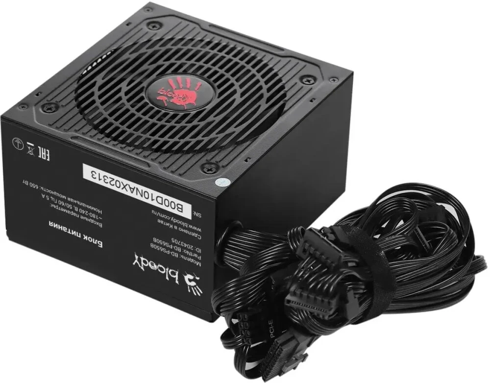 Блок питания 650 Вт Bloody BD-PS650B Black; ATX; 1x24 pin; 2x8(4+4) pin; 2x6+2 pin PCI-E; 6xSata; 2xMolex; 80+ Bronze; 120 мм