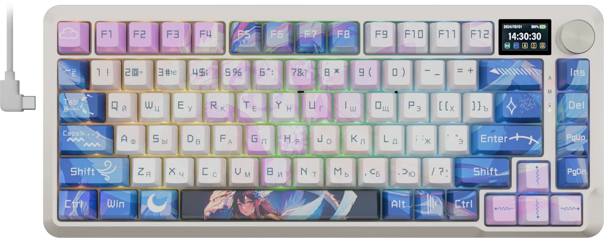 Клавиатура игровая Redragon Flekact Pro Violet Anime (72616); USB + (BT/2.4 Ггц); механическая; 81 клавиш; Hot Swap; 12 (+FN); экран; RGB подсветка; в