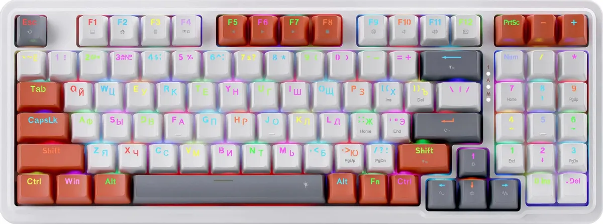 Клавиатура игровая Redragon Gloria (72216); USB; механическая; 94 клавиши; 12 (+FN); Hot Swap; Gasket mount; подсветка RGB; отсоединяемый кабель; ENG\