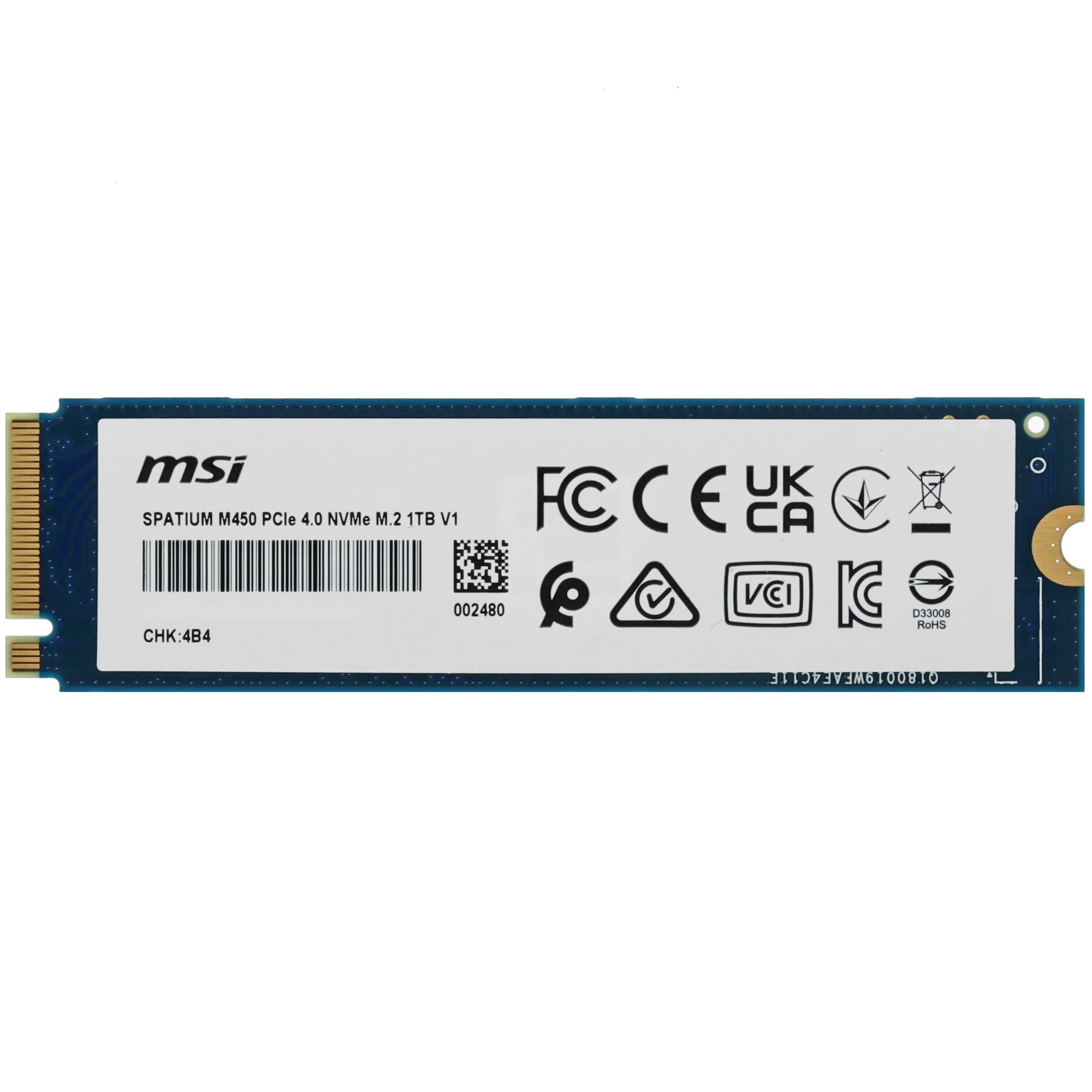 Накопитель SSD 1 ТБ MSI SPATIUM M450 V1 (S78-440L0M0-P83); M.2 (2280); 3400Мб/с -  2400Mб/с; TLC; PCI-E Gen4 x4; RET