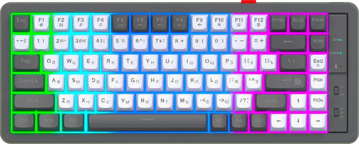 Клавиатура игровая Defender Maro GK-325 (45325); 2.4Ггц; мембранная; 84 клавиш; 12 (+FN); LED подсветка; встроенный аккумулятор; белый + серый