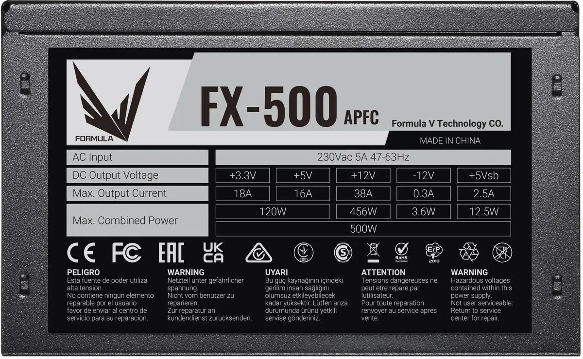 Блок питания 500 Вт Formula FX-500, черный, ATX, 1x24 pin, 1x4+4 pin, 1x6+2-pin, 4xSATA, 3xMolex,  AFPC; 120 мм