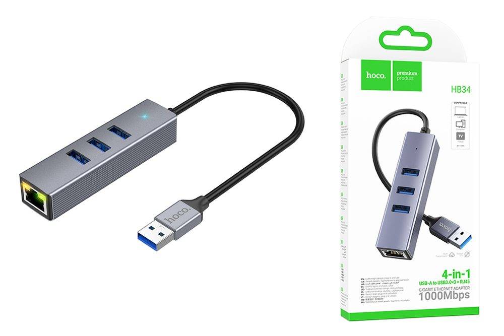 Концентратор USB внешний  HOCO HB34 USB; 3*USB 3.0, RJ45