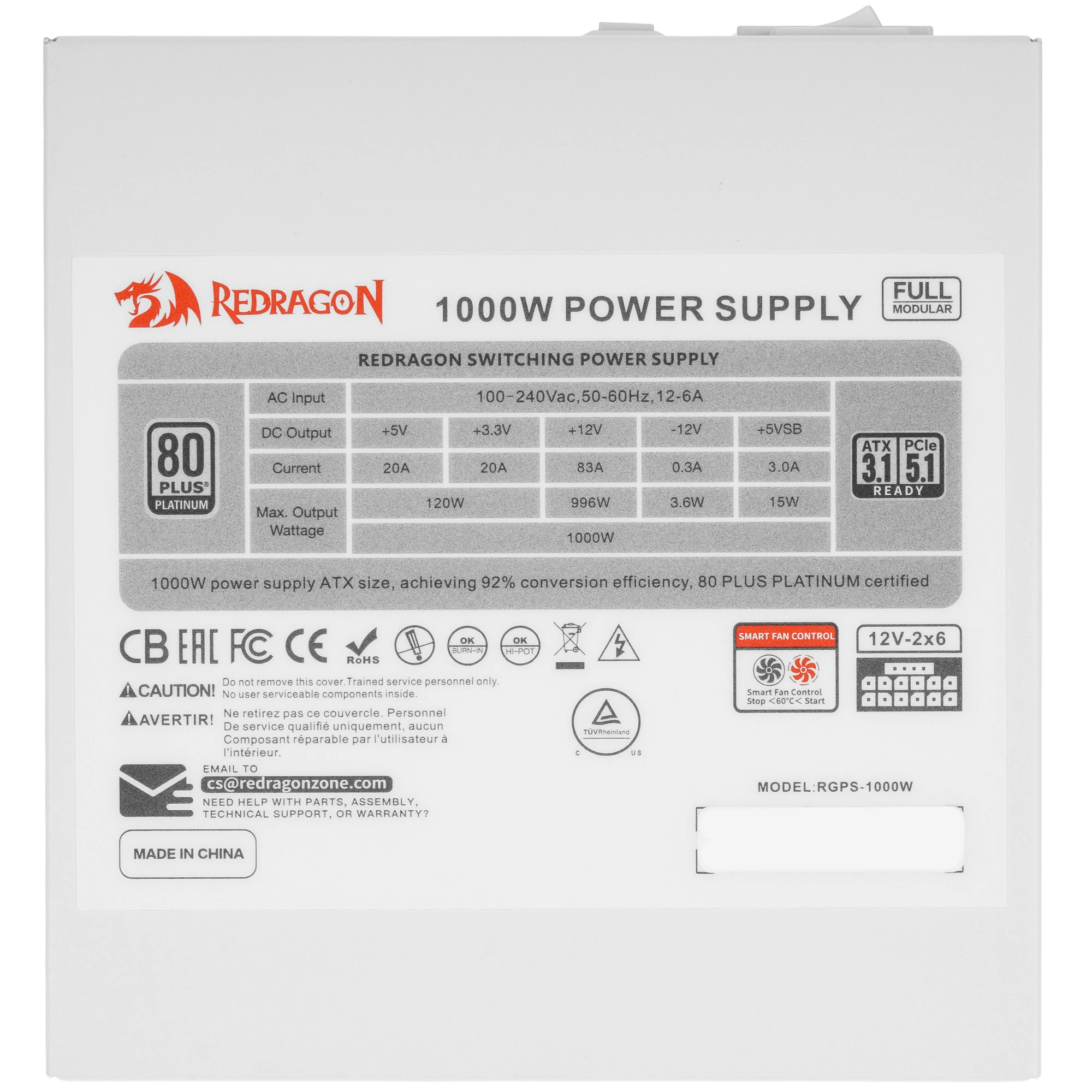 Блок питания 1000 Вт Redragon RGPS-1000W White 12VHPWR (71812); 1x24 pin; 2x8(4+4) pin; 12xSata; 4xMolex; 4x6+2-pin PCI-E; 80+ Platinum; отстегивающие