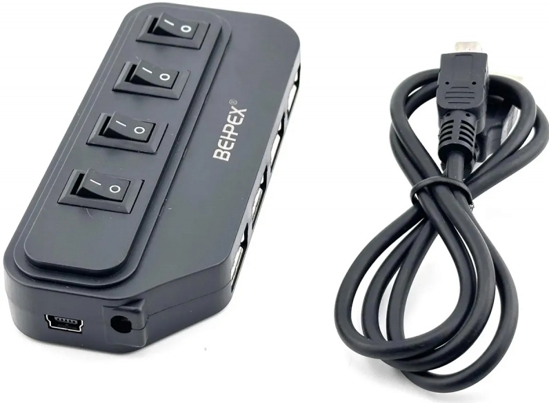 Концентратор USB внешний Behpex (BPH-1907***); USB 2.0; 4-порта; выключатель каждого порта; чёрный