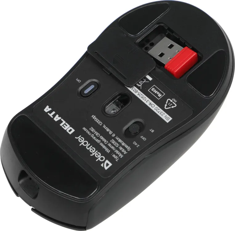 Мышь игровая Defender Delata GM-082 (52082); Bluetooth/2.4 Ггц; USB; оптический; 800 - 1200 dpi; 5 кнопок; колесо-кнопка; аккумулятор, 400 мА·ч; черны
