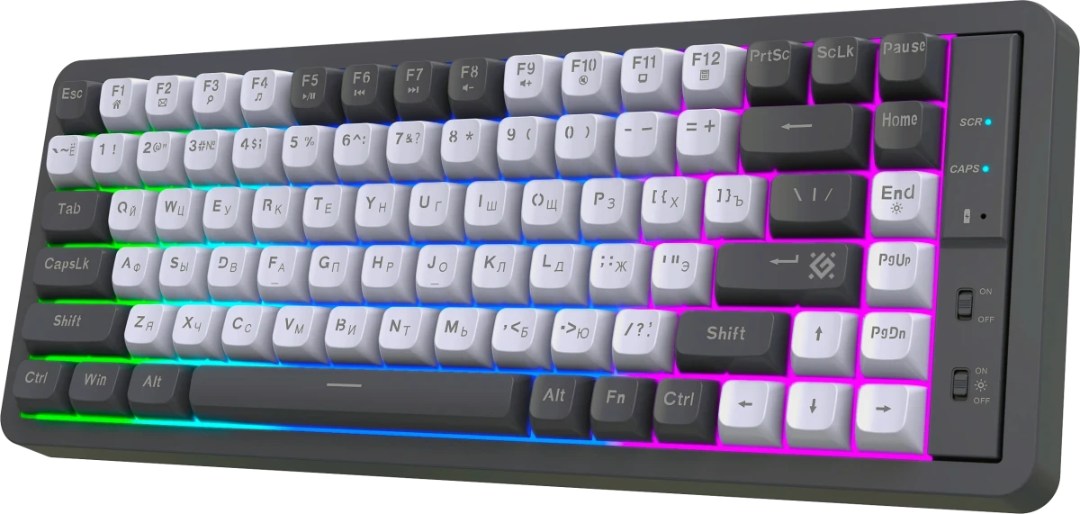 Клавиатура игровая Defender Maro GK-325 (45325); 2.4Ггц; мембранная; 84 клавиш; 12 (+FN); LED подсветка; встроенный аккумулятор; белый + серый