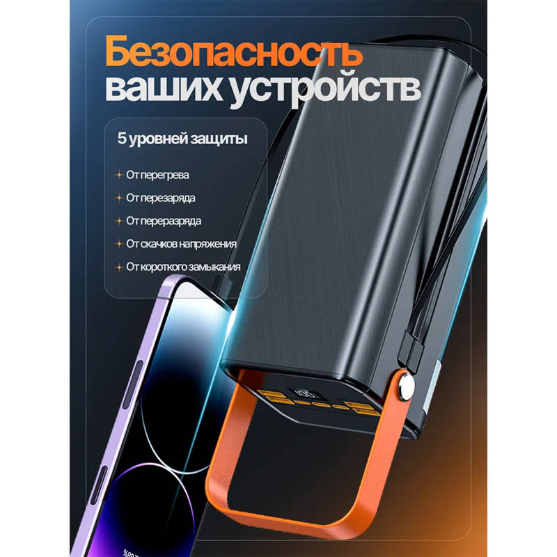 Внешний аккумулятор 80 000 мА/ч; Орбита OT-SMP01C (OT-SMP01C); 3А; 22.5 Вт; LED экран; нет беспроводной зарядки; Встроенный кабель Type-C; 1,93 кг; че