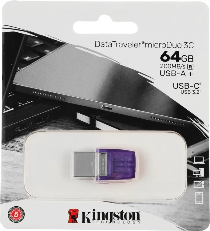 Накопитель USB-флэш 64 ГБ Kingston DataTraveler MicroDuo 3C (DTDUO3CG3/64GB); USB 3.2 Gen 1; OTG Type-C; фиолетовый