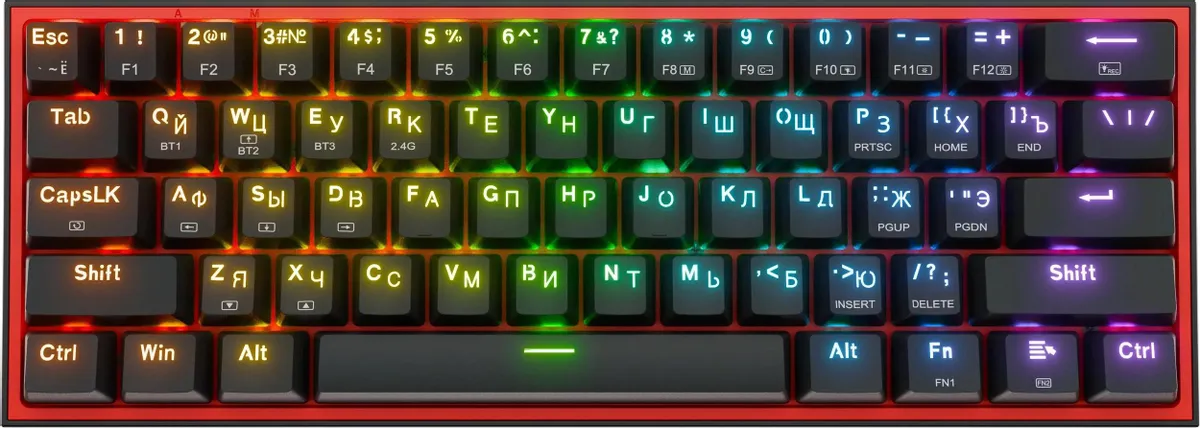 Клавиатура игровая Redragon Fizz Pro Black (70666); USB + (BT/2.4 Ггц); механическая; 61 клавиш; Hot Swap; подсветка RGB; отсоединяемый кабель; ENG\RU