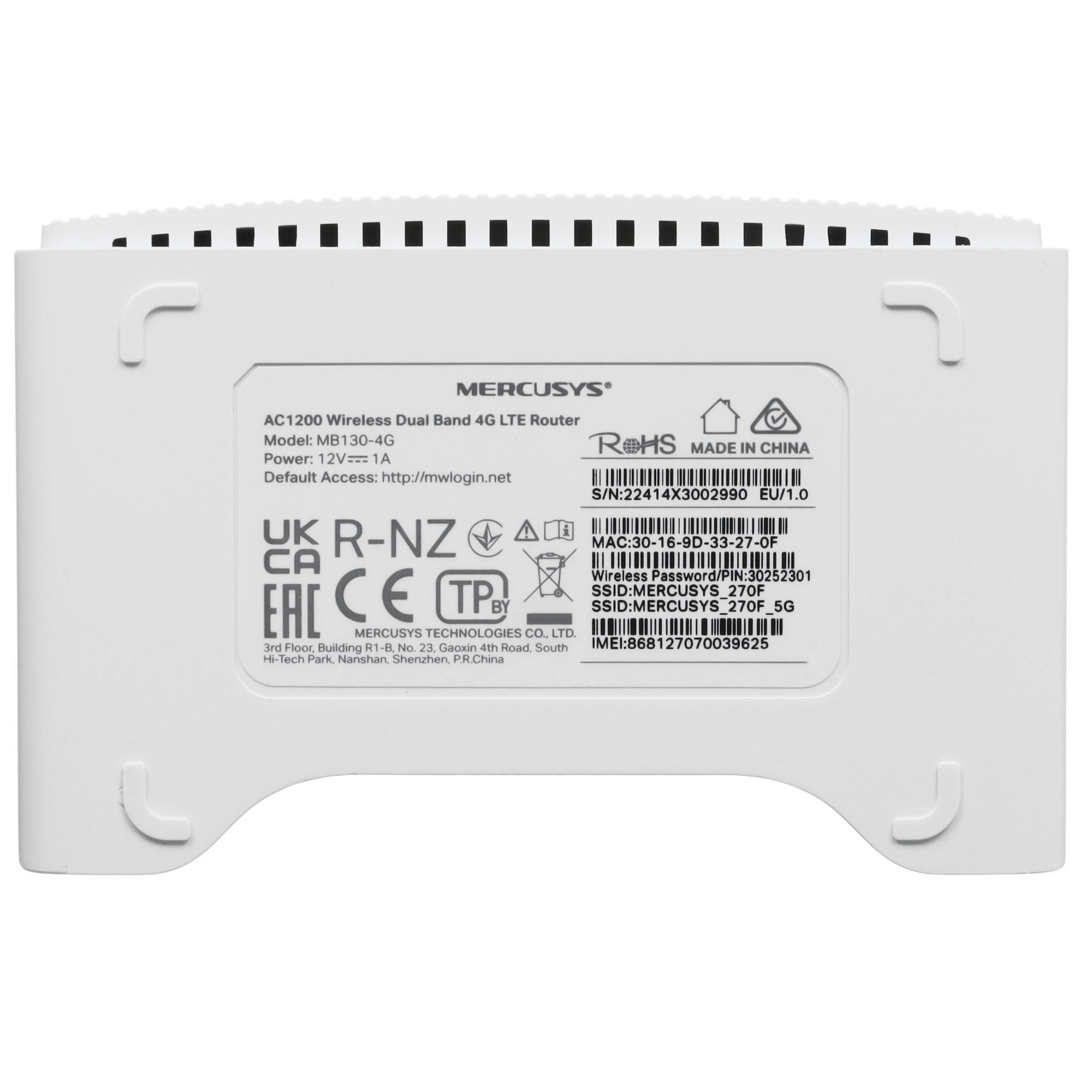 4G/3G Роутер Mercusys MB130-4G; 4G+IEEE 802.11ac; 1xLAN 100 Мбит/сек; 1xWAN/LAN 100 Мбит/сек; 300 + 867 Мбит/сек; встроенные + 2 разьема для внешних а