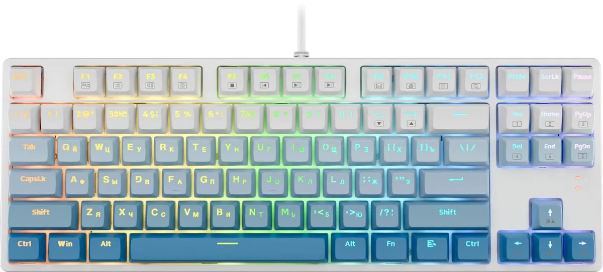 Клавиатура игровая Redragon Cass Blue (71485); USB; механическая; 87 клавиш; 12 (+FN); подсветка RGB; ENG\RUS; белый+синий