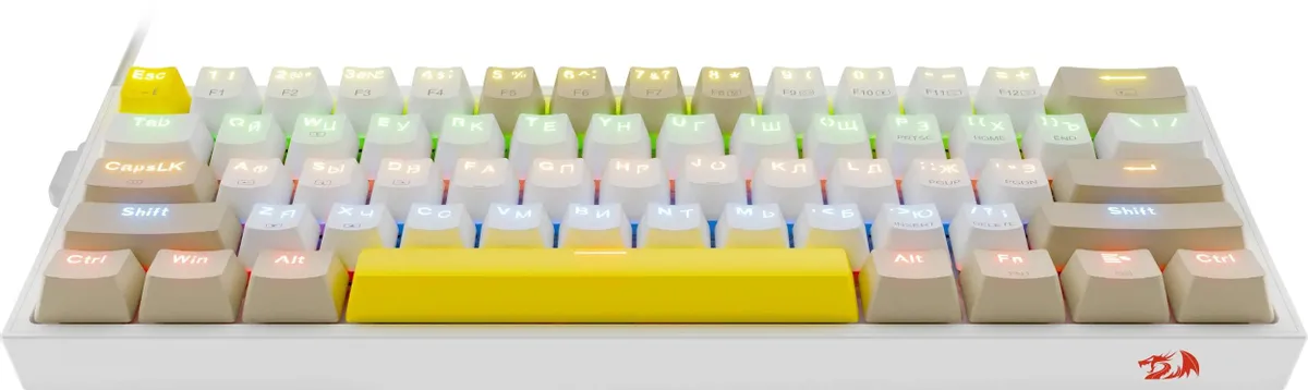 Клавиатура игровая Redragon Fizz White+Beige (72597); USB; механическая; 61 клавиш; Hot Swap; подсветка LED; отсоединяемый кабель; доп. набор колпачко