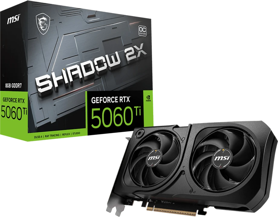 Видеокарта MSI GeForce RTX 5060 Ti 8G SHADOW 2X OC PLUS; 8 Гб GDDR7; 2407-2617 МГц; 28 ГГц; 128 бит; 1xHDMI, 3xDP; 2-slot; черный