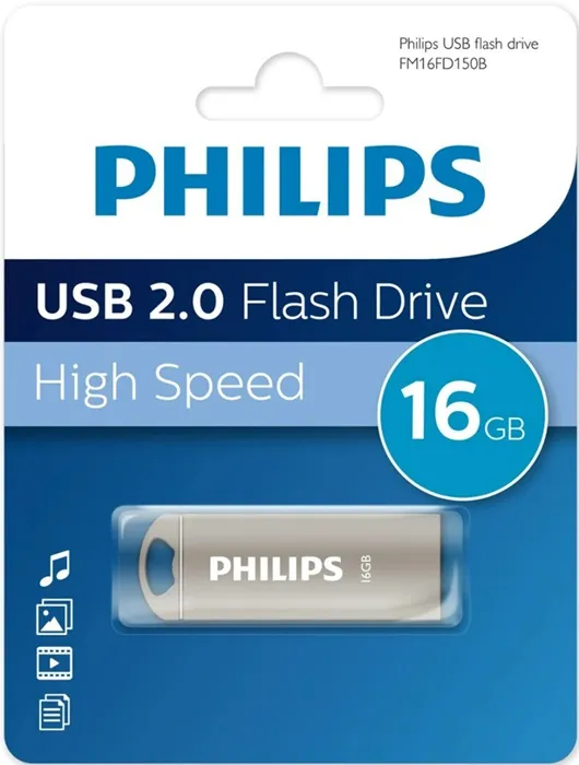 Накопитель USB-флэш 16 ГБ Philips Iron (FM16FD150B/97); USB 2.0; моноблок; металлический корпус; серебристый