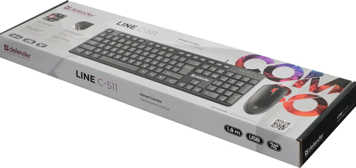 Комплект Defender LINE C-511 (45511***); проводной; USB; мембранная; оптическая; 1000 dpi; чёрный