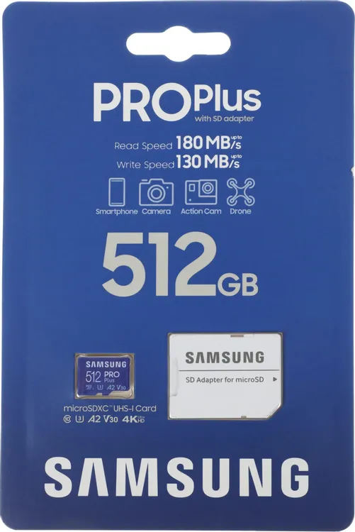 Карта памяти 512 ГБ Samsung PRO Plus (MB-MD512KA); micro SDHC UHS-I U3 A2 V30; Class 10; адаптер SD