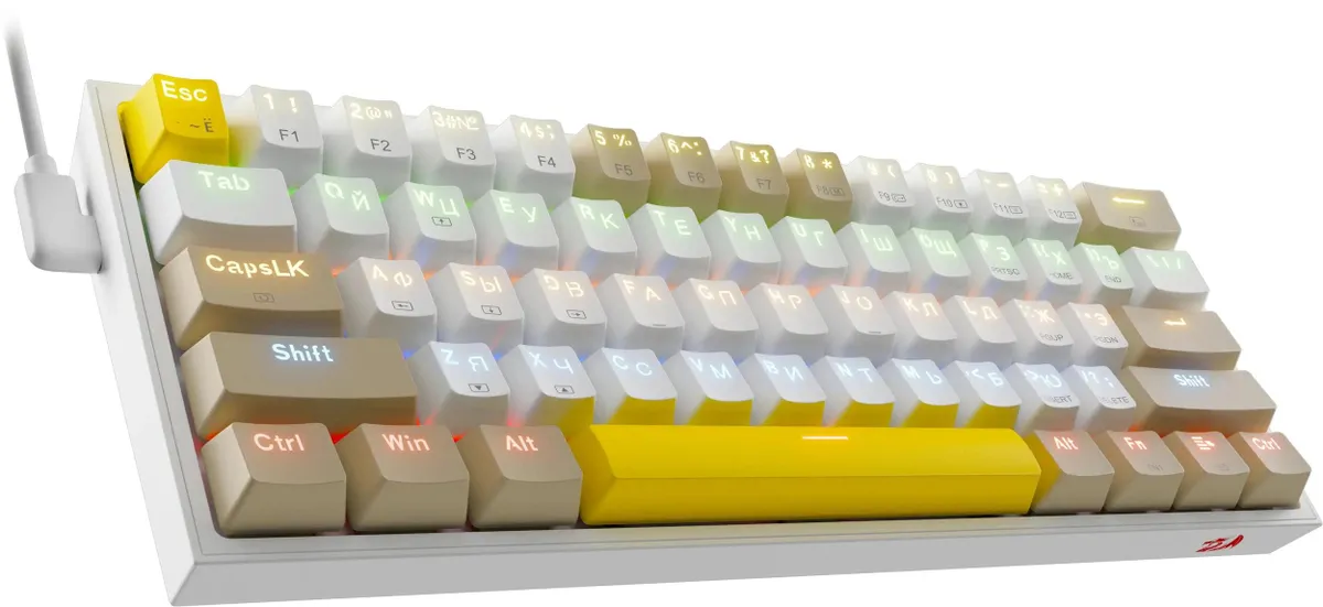 Клавиатура игровая Redragon Fizz White+Beige (72597); USB; механическая; 61 клавиш; Hot Swap; подсветка LED; отсоединяемый кабель; доп. набор колпачко