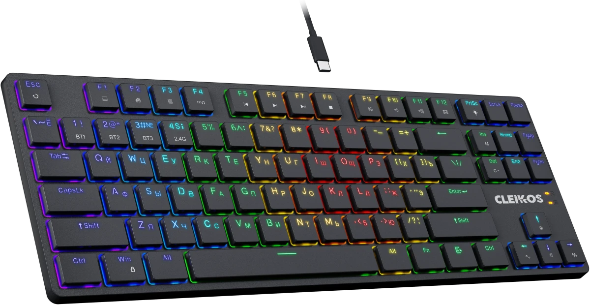 Клавиатура игровая Defender Cleikos GK-135 (45135); USB+(BT/2.4 Ггц); механическая; 87 клавиш; 12 (+FN); Hot Swap; подсветка RGB; ENG\RUS; отсоединяем