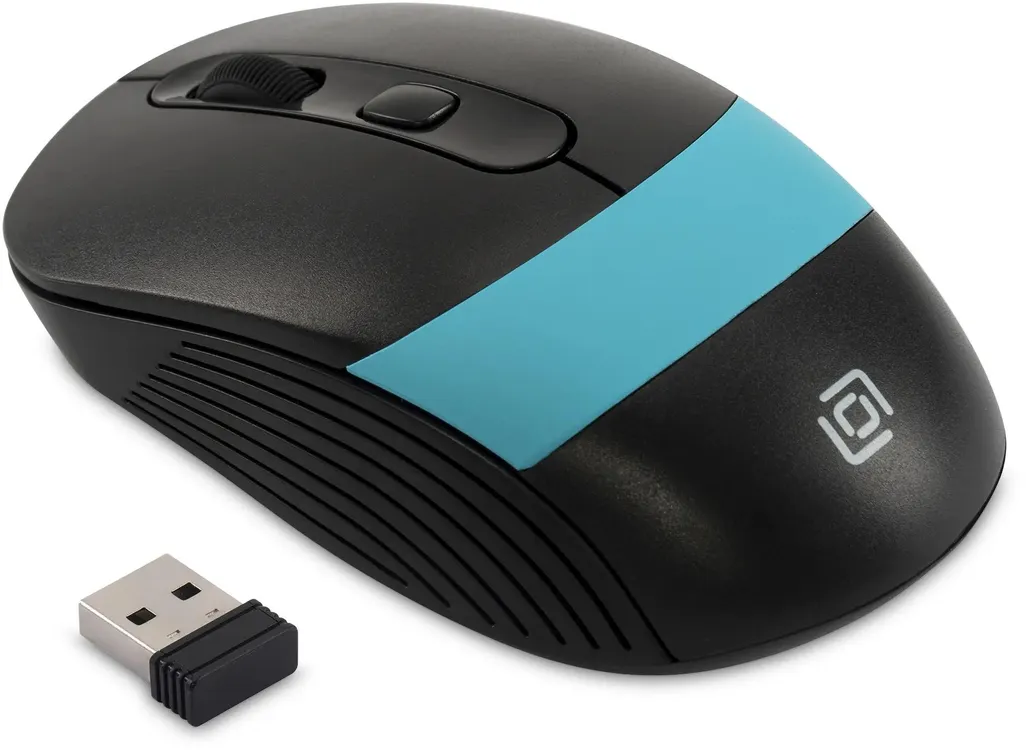 Мышь беспроводная Oklick 310MW Black (1869090); 2.4 ГГц; USB; оптический; 1200-3200 dpi; 4 кнопок; колесо прокрутки; 1хАА; черный+синий