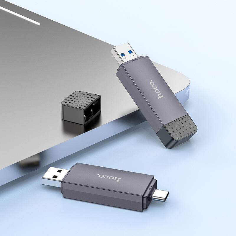 Кардридер внешний Hoco HB45 Spirit USB-A and Type-C USB3.0; в виде флэшки; SD/MMC; microSD; SDНС; пластик; чёрный