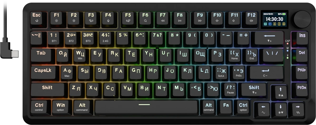 Клавиатура игровая Redragon Flekact Pro Black (72535); USB + (BT/2.4 Ггц); механическая; 81 клавиш; Hot Swap; 12 (+FN); экран; RGB подсветка; встроенн