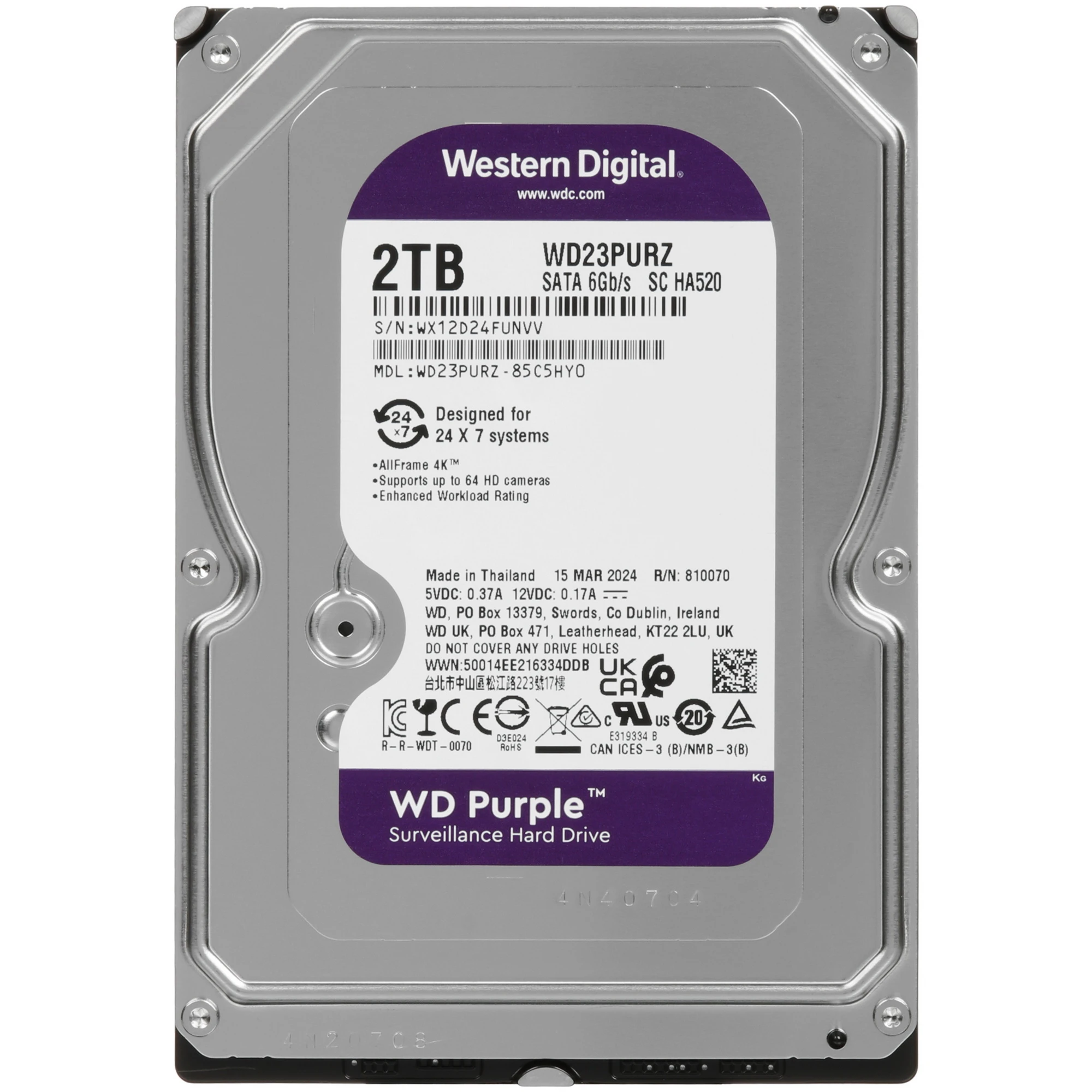 Жесткий диск 2 ТБ Western Digital Purple (WD23PURZ); 3,5"; 5400 об/мин; 64 МБ; SATA III