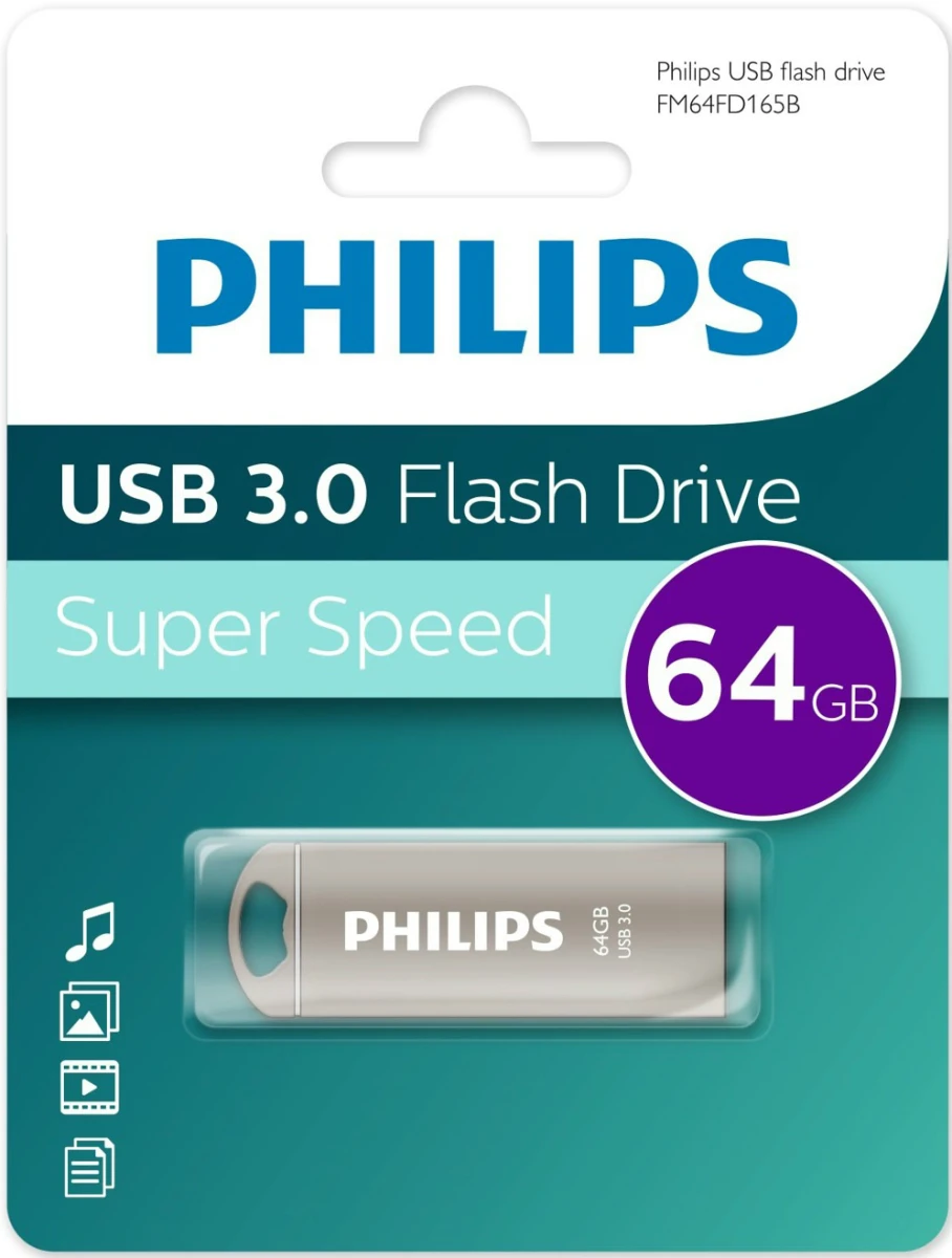 Накопитель USB-флэш 64 ГБ Philips Iron (FM64FD165B/97); USB 3.X; моноблок; металлический корпус; серебристый