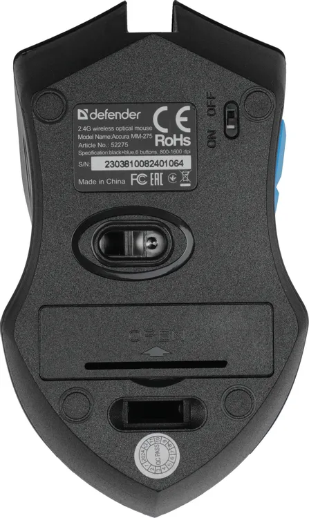 Мышь беспроводная Defender Accura MM-275 Black+Blue (52275); 2.4 ГГц; USB; оптический; 800/1200/1600 dpi; 6 кнопок; колесо прокрутки; 1хАА; чёрный+син