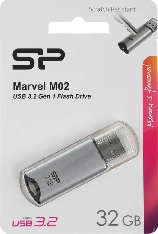 Накопитель USB-флэш 32 ГБ SILICON POWER Marvel M02 (SP032GBUF3M02V1S); USB 3.X; классическая, с колпачком; металл+пластик; серебристый