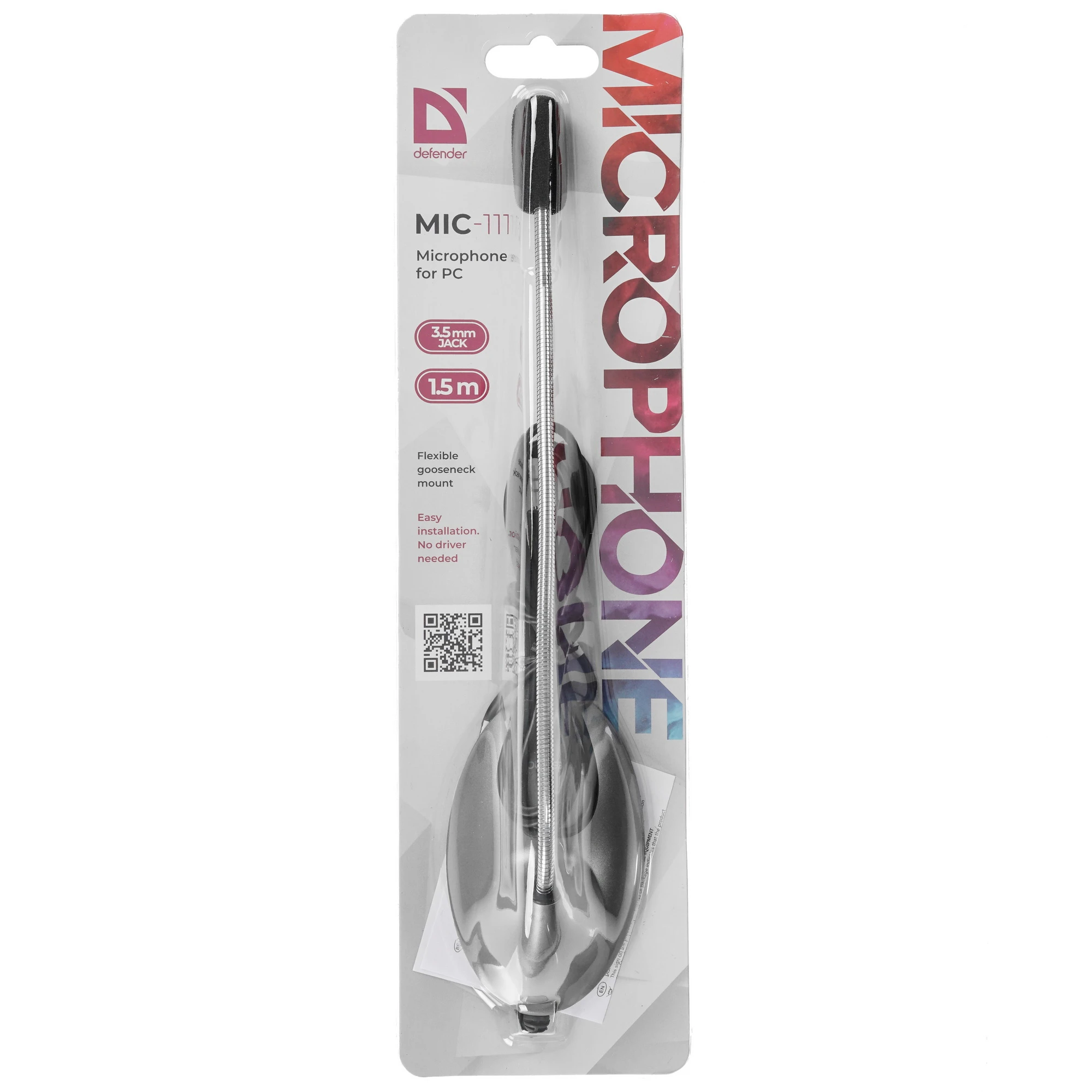 Микрофон Defender MIC-111 (64111***); конденсаторный; 20 - 13000 Гц; подставка; 1,5 м; 3,5 мм (mini 