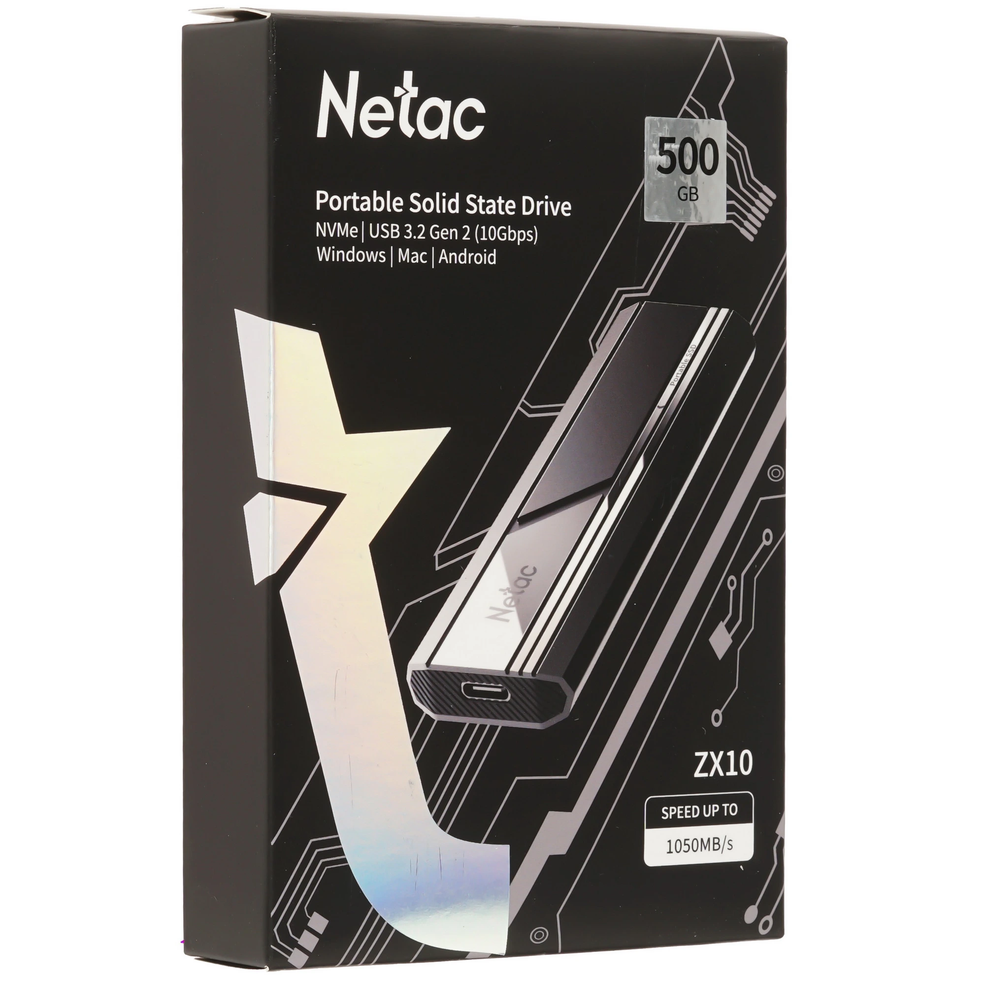 Внешний SSD 500 ГБ Netac ZX10 (NT01ZX10-500G-32BK***); M.2; USB 3.2 Type C; чёрный + серебристый