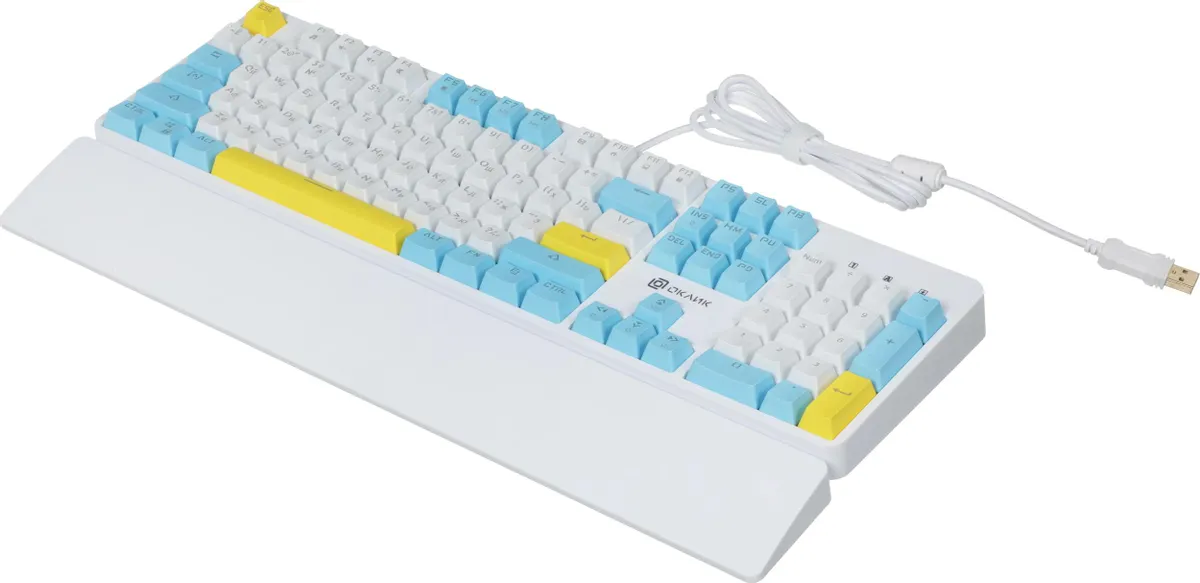 Клавиатура игровая Oklick K951X (1901079); USB; механическая; 108 клавиш; 12 (+FN); подсветка LED; ENG\RUS; белый + синий + желтый