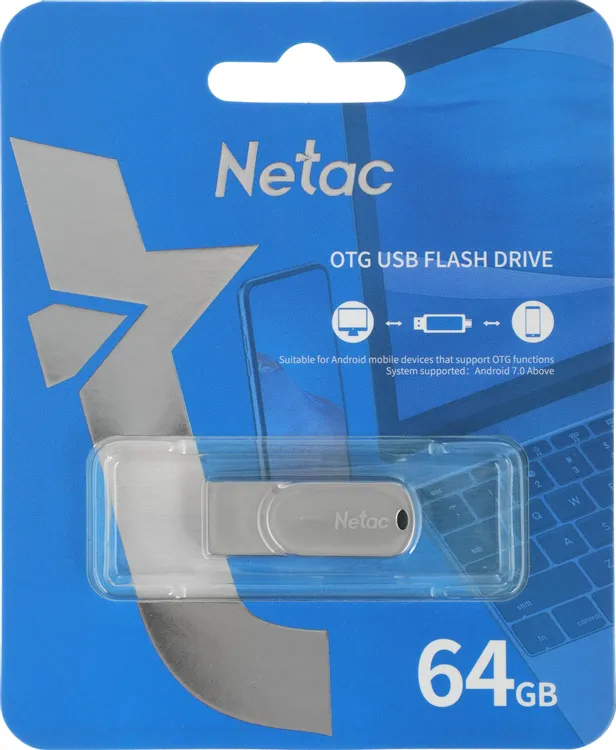 Накопитель USB-флэш 64 ГБ Netac U785C (NT03U785C-064G-30PN***); USB 3.X; ротатор; металлический корпус; OTG Type-C; серебристый